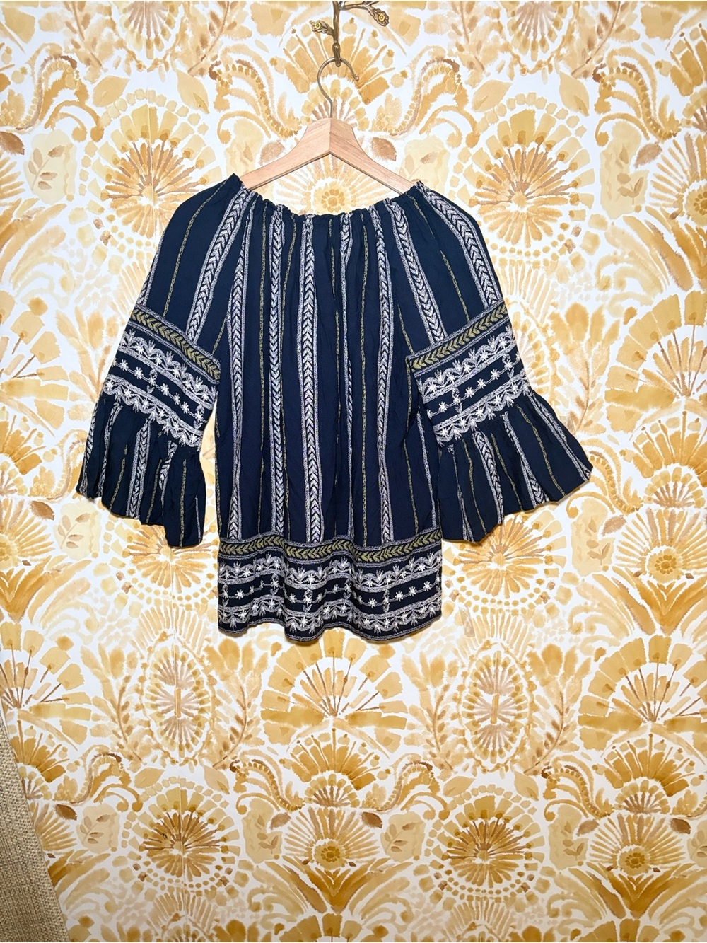 Boho Navy Blue Peasant Blouse Women's Off-the-Shoulder Bell Sleeve Top - Picture 6 of 12